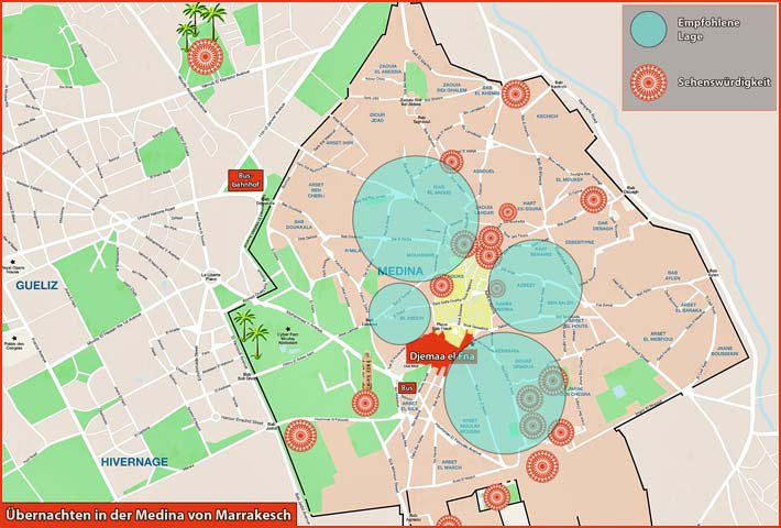 Lageplan: empfohlene Standorte für Hotels und Riads in der Medina von Marrakesch